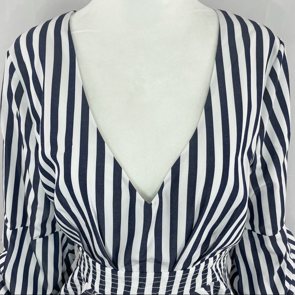 New Central Park West Balloon Sleeve Layered Peplum Striped Cotton Shirt - Picture 2 of 16